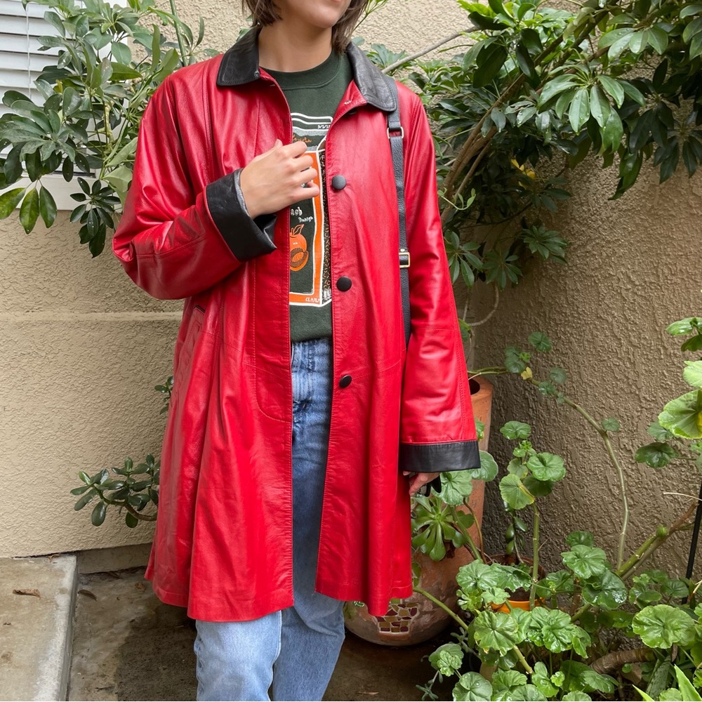 Vintage red/black Dolce & Gabbana lamb leather flared coat